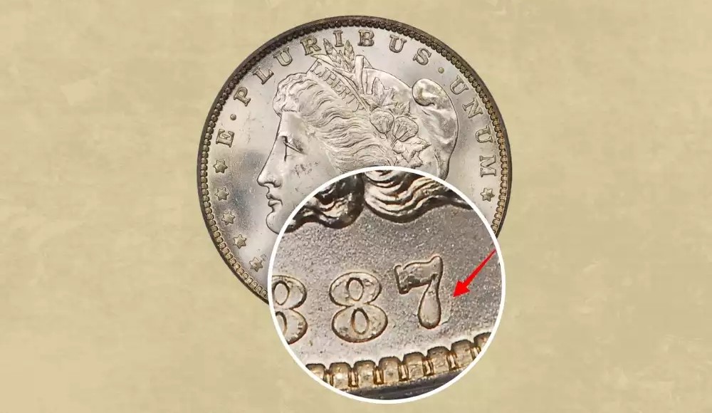 Side-by-side comparison of 1887 standard date versus 1887/6 overdate showing the ghost 6 beneath the 7