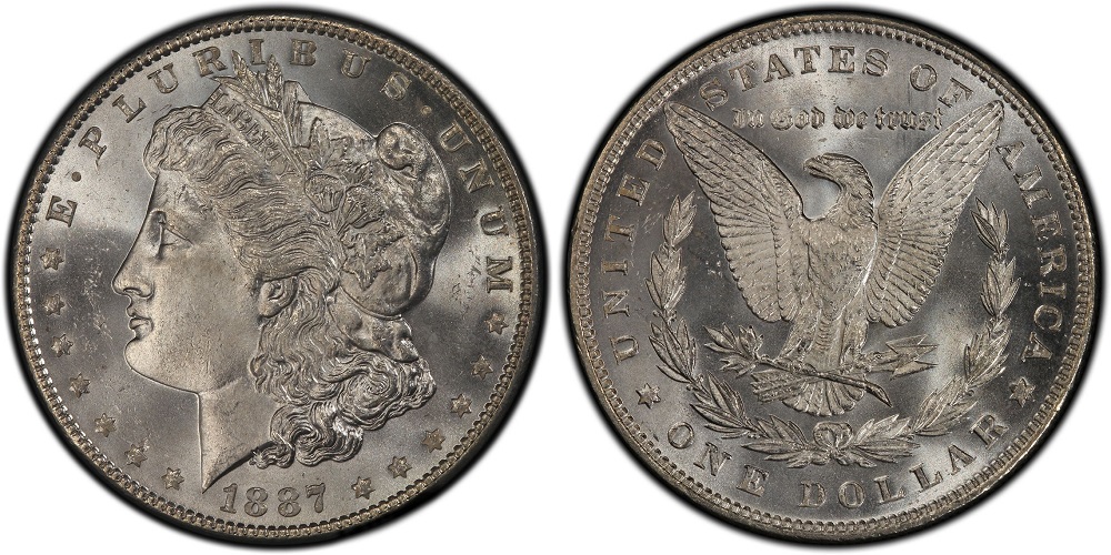 1887/6 overdate Morgan dollar close-up showing ghost 6 beneath the 7 in the date
