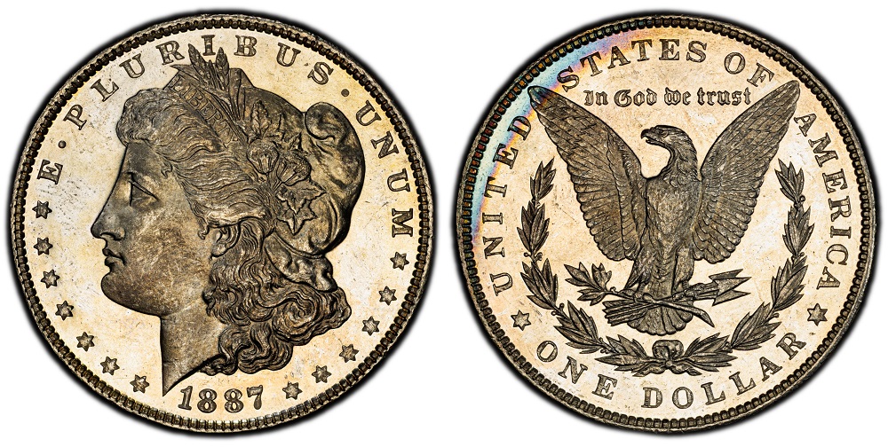 1887 Morgan dollar DMPL Deep Mirror Prooflike showing mirrored fields and frosted Liberty design in NGC holder