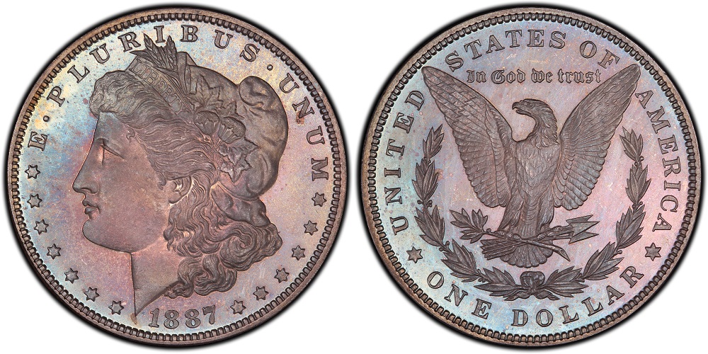 1887 Proof Morgan silver dollar showing mirror fields and squared rims in proof holder