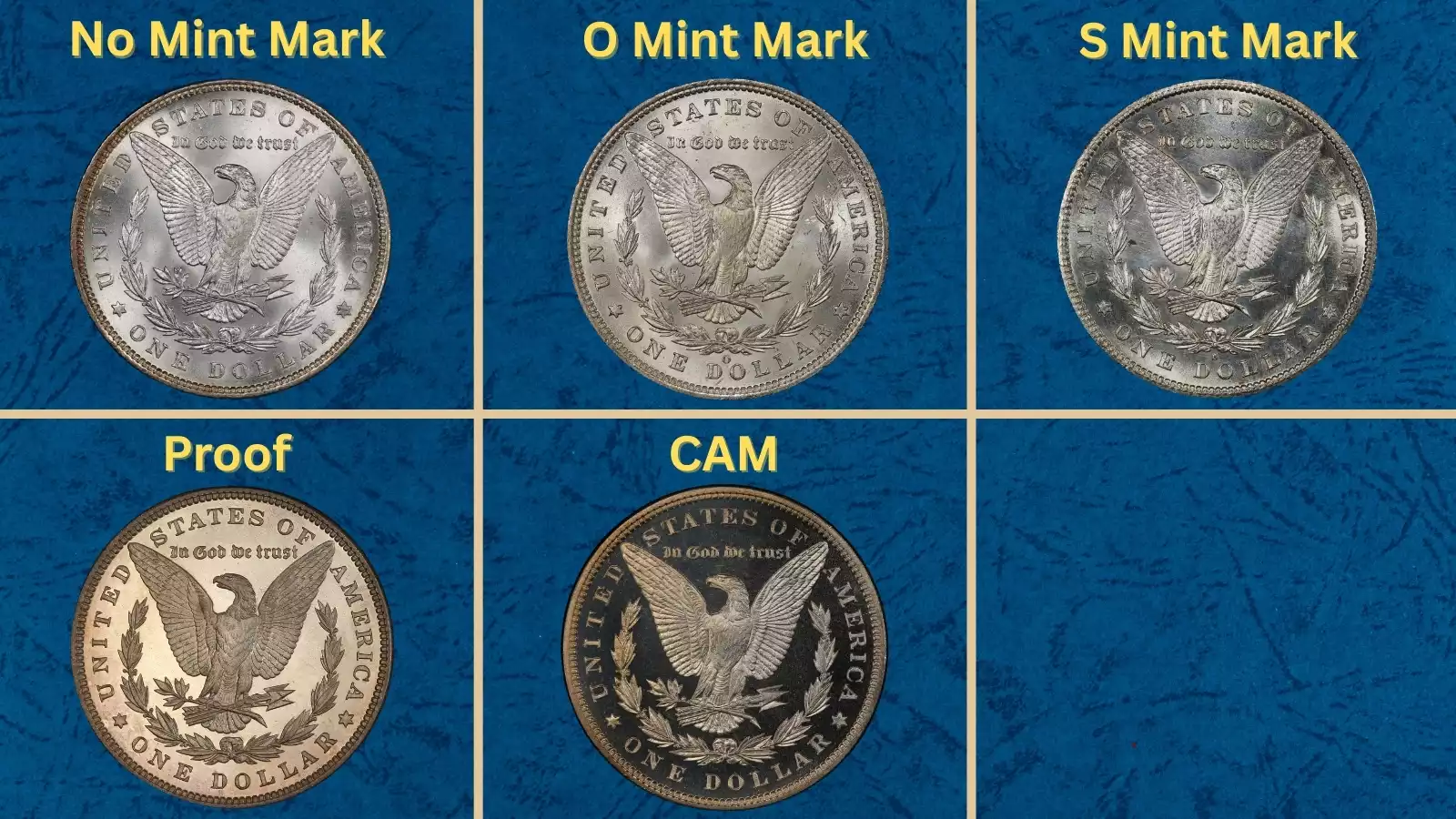 Group of 1887 Morgan silver dollars showing Philadelphia New Orleans and San Francisco issues with original mint luster