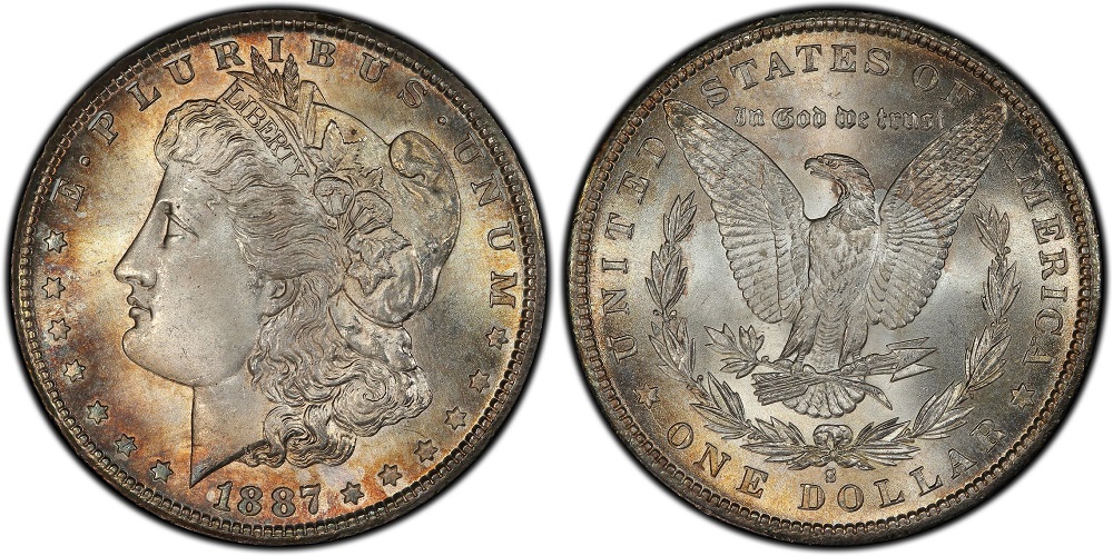 1887 Morgan dollar grading strip showing four condition tiers from heavily worn to gem uncirculated